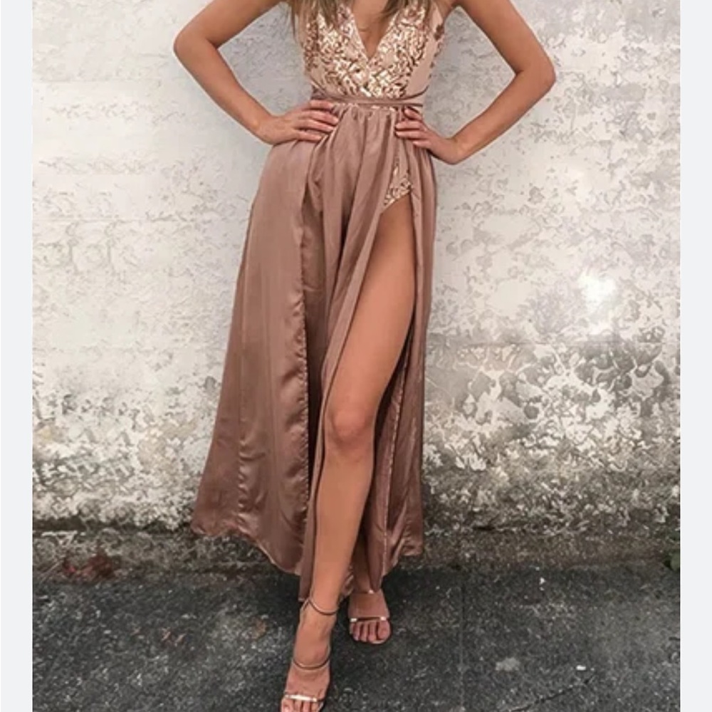 Formal Brown/Tan Floor Length Dress with Slit and sequin bodice